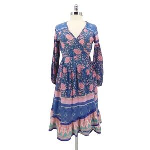 Blue Bohème Jasmine Wrap Dress Floral Print Blue Pink Long Sleeve Bohemian OS‎